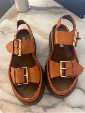 Stella McCartney Tan Leather Double Buckle Platform Sandals